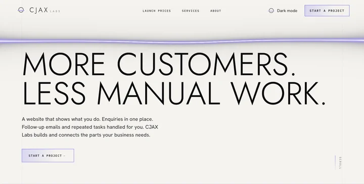 The CJAX Labs company homepage, with its More customers. Less manual work. headline and enquiry link.