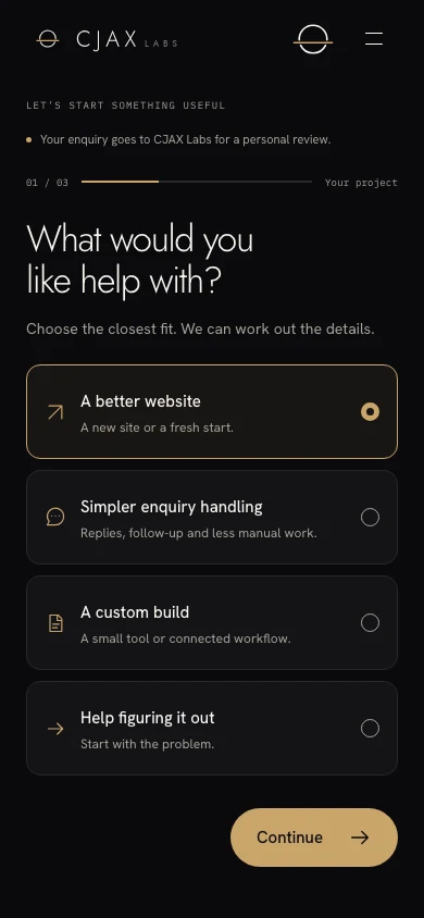 Phone capture of the CJAX Labs enquiry form, showing four large project choices and a clear Continue button