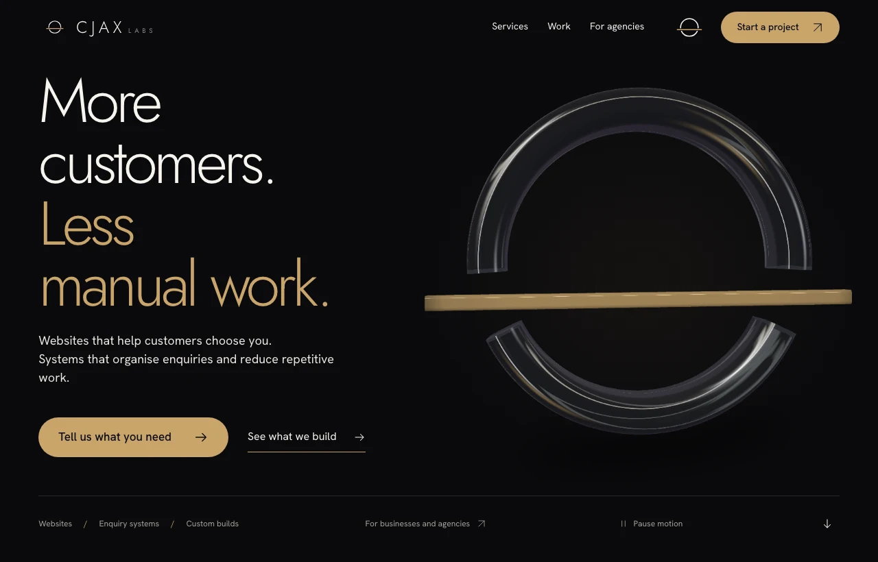 Desktop detail of the new CJAX Labs homepage: large headline, short introduction and a visible Start a project link