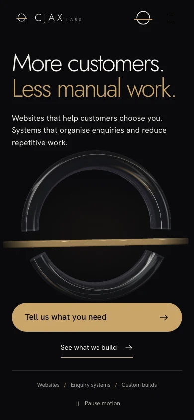 Phone detail of the new CJAX Labs homepage with the headline, introduction and enquiry link reflowed into one column